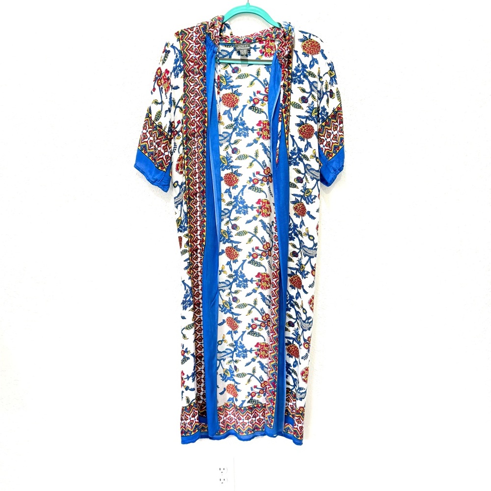 Uniti Casual cotton blend Blue and Yellow Floral hooded duster OS